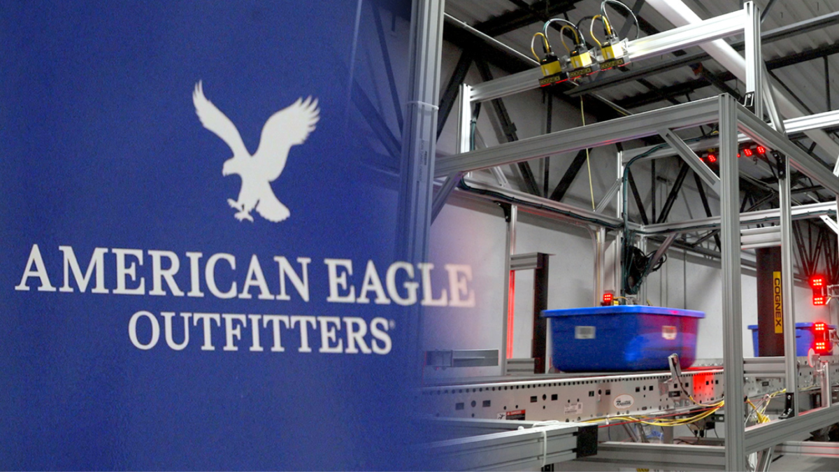 Logotipo da American Eagle Outfitters sobreposto a uma esteira de automação logística com um container azul, ilustrando o centro de distribuição.